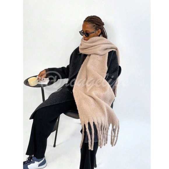 Beige Wide Shawl Scarf With Tassels Fuzzy Knit - Picture 2 of 8